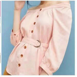 Maeve Anthropologie Alanis Belted Blouse Button Up Shirt Off Shoulder pink sz 8